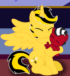 Size: 1088x1180 | Tagged: safe, artist:lynnthenerdkitty, imported from derpibooru, oc, oc:shatter misty cloud, alicorn, pegasus, pony, baby, baby pony, bumblebee, bumblebee (transformers), eyes closed, hug, ponified, shatter, shatter (transformers), smiling, transformers, younger