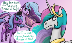 Size: 2000x1200 | Tagged: safe, artist:azurllinate, imported from derpibooru, princess celestia, princess luna, alicorn, pony, accessories, accessory, alternate design, colored pupils, confusion, cute, engrish, fake, fake luna, female, green eyes, height difference, hoers, impostor, jewelry, long mane, long tail, looking at each other, lunabetes, multicolored mane, multicolored tail, pink eyes, s1 luna, siblings, simple background, sisters, speech, speech bubble, standing, surprised, talking, teal eyes, tiara, wide eyes