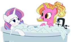 Size: 3096x1855 | Tagged: safe, artist:midnightmusic, imported from derpibooru, luster dawn, potion nova, pony, unicorn, my little pony: pony life, the last problem, bath, bathtub, bedroom eyes, blushing, bubble, commission, cute, daaaaaaaaaaaw, female, g4.5, grin, heart, lesbian, lidded eyes, lusterbetes, lusternova, mare, novabetes, open mouth, relaxed, relaxing, seductive, seductive look, sexy, shipping, simple background, smiling, stupid sexy potion nova, transparent background, water, ych result