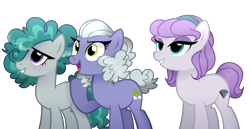 Size: 3756x1941 | Tagged: safe, artist:bebraveforme, artist:tired-horse-studios, imported from derpibooru, limestone pie, marble pie, maud pie, earth pony, pony, alternate cutie mark, alternate hairstyle, eyeshadow, female, grin, hairband, makeup, mare, open mouth, raised hoof, siblings, simple background, sisters, smiling, transparent background, when she smiles