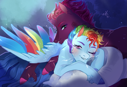 Size: 779x533 | Tagged: safe, artist:bunnari, imported from derpibooru, rainbow dash, tempest shadow, pony, bed, female, lesbian, one eye closed, pillow, shipping, tempestdash, waking up