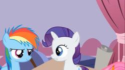 Size: 1366x768 | Tagged: safe, artist:agrol, imported from derpibooru, screencap, rainbow dash, rarity, earth pony, pony, unicorn, animation error, bedroom, duo, female, filly, filly rainbow dash, filly rarity, frown, grin, just be me, looking at each other, missing cutie mark, missing wing, smiling, young