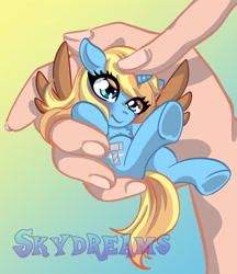 Size: 2359x2736 | Tagged: safe, artist:laragwada, imported from derpibooru, oc, oc only, oc:skydreams, human, pony, unicorn, artificial wings, augmented, commission, female, flustered, hand, in goliath's palm, mare, offscreen character, offscreen human, petting, smol, solo, wings, ych result