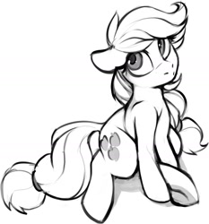 Size: 1726x1853 | Tagged: safe, artist:dimfann, imported from derpibooru, applejack, earth pony, pony, cute, female, grayscale, jackabetes, mare, monochrome, simple background, sitting, solo, white background