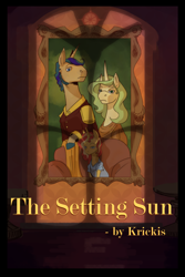 Size: 3600x5400 | Tagged: safe, artist:pasu-chan, imported from derpibooru, sunset shimmer, oc, oc:brass badge, oc:golden lace, pony, unicorn, fanfic:the setting sun, series:who we become, chair, clothes, fanfic, fanfic art, fanfic cover, female, filly, filly sunset shimmer, male, mare, oc x oc, painting, shadow, shipping, sitting, stallion, straight, sunset shimmer's parents, younger