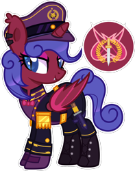 Size: 2000x2541 | Tagged: safe, artist:n0kkun, imported from derpibooru, oc, oc only, oc:commander dark fang, alicorn, bat pony, bat pony alicorn, pony, alicorn oc, bat pony oc, bat wings, belt, boots, bowtie, clothes, coat, dagger, ear piercing, earring, eyeshadow, fangs, female, gloves, hat, horn, jewelry, knife, makeup, mare, pants, piercing, shirt, shoes, simple background, solo, transparent background, uniform, weapon, wings