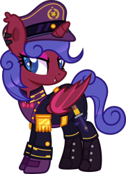 Size: 4000x5539 | Tagged: safe, alternate version, artist:n0kkun, imported from derpibooru, oc, oc only, oc:commander dark fang, alicorn, bat pony, bat pony alicorn, pony, alicorn oc, bat pony oc, bat wings, belt, boots, bowtie, clothes, coat, dagger, ear piercing, earring, eyeshadow, fangs, female, gloves, hat, horn, jewelry, knife, makeup, mare, pants, piercing, shirt, shoes, simple background, solo, transparent background, uniform, weapon, wings