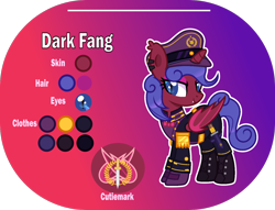 Size: 1400x1068 | Tagged: safe, artist:n0kkun, imported from derpibooru, oc, oc only, oc:commander dark fang, alicorn, bat pony, bat pony alicorn, pony, alicorn oc, bat pony oc, bat wings, belt, boots, bowtie, clothes, coat, dagger, ear piercing, earring, eyeshadow, fangs, female, gloves, gradient background, hat, horn, jewelry, knife, makeup, mare, pants, piercing, reference sheet, shirt, shoes, solo, uniform, weapon, wings