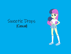 Size: 2048x1556 | Tagged: safe, artist:invisibleink, artist:pulsefewspecials, imported from derpibooru, bon bon, sweetie drops, equestria girls, blue background, casual, female, simple background, solo, text