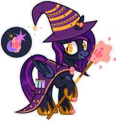 Size: 2000x2087 | Tagged: safe, artist:n0kkun, imported from derpibooru, oc, oc only, oc:gloomy spirit (witch), alicorn, bat pony, bat pony alicorn, pony, alicorn oc, bags under eyes, bat pony oc, bat wings, beaker, cape, clothes, fangs, female, gem, glass, grin, hat, hoof hold, hoof shoes, horn, horn ring, mare, markings, potion, ring, robe, simple background, smiling, solo, staff, transparent background, wings, witch, witch costume, witch hat