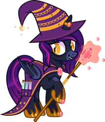 Size: 4000x4653 | Tagged: safe, alternate version, artist:n0kkun, imported from derpibooru, oc, oc only, oc:gloomy spirit (witch), alicorn, bat pony, bat pony alicorn, pony, alicorn oc, bags under eyes, bat pony oc, bat wings, beaker, cape, clothes, fangs, female, gem, glass, grin, hat, hoof hold, hoof shoes, horn, horn ring, mare, markings, potion, ring, robe, simple background, smiling, solo, staff, transparent background, wings, witch, witch costume, witch hat