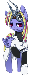 Size: 1144x2636 | Tagged: safe, artist:arctic-fox, oc, oc only, oc:the antimattercorn, alicorn, pony, alicorn oc, antagonist, clothes, fake horn, gloves, goggles, lab coat, looking at you, raised hoof, solo, supervillain, the sinister six, transparent background