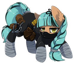 Size: 1795x1513 | Tagged: safe, artist:arctic-fox, oc, oc only, oc:missfortune, earth pony, pony, antagonist, bangs, belt, braid, braided tail, crouching, grappling hook, looking at you, mask, ninja, pouch, solo, supervillain, the sinister six, transparent background, unamused