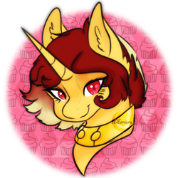 Size: 1600x1600 | Tagged: safe, artist:nikorieru, imported from derpibooru, oc, oc only, oc:jessie feuer, pony, unicorn, bust, circle background, collar, female, horn, looking at you, portrait, red eyes, simple background, smiling, smiling at you, solo, transparent background, unicorn oc, yellow