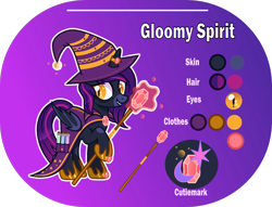 Size: 1400x1068 | Tagged: safe, artist:n0kkun, imported from derpibooru, oc, oc only, oc:gloomy spirit (witch), alicorn, bat pony, bat pony alicorn, pony, alicorn oc, bags under eyes, bat pony oc, bat wings, beaker, cape, clothes, fangs, female, gem, glass, gradient background, grin, hat, hoof hold, hoof shoes, horn, horn ring, mare, markings, potion, reference sheet, ring, robe, smiling, solo, staff, wings, witch, witch costume, witch hat