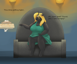 Size: 3000x2500 | Tagged: safe, artist:lupin quill, imported from derpibooru, oc, oc:mirage, anthro, changeling, changeling queen, unguligrade anthro, series:fit for a queen (weight gain), bbw, belly, big belly, big breasts, bingo wings, breasts, busty oc, changeling oc, changeling queen oc, chubby, chubby cheeks, chunkling, clothes, dialogue, disembodied hand, double chin, dress, eyeshadow, fat, fat fetish, feeding, female, fetish, food, grin, hand, hand on belly, ice cream, magic, magic hands, makeup, open mouth, pancakes, sitting, smiling, syrup, this will end in weight gain, throne, tight clothing, underhoof, waffle, weight gain, weight gain sequence, yellow changeling