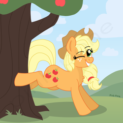 Size: 4000x4000 | Tagged: safe, artist:pink-pone, imported from derpibooru, applejack, earth pony, pony, apple, apple tree, applebucking, applejack's hat, chest fluff, cloud, cowboy hat, female, food, hat, one eye closed, sky, solo, tree, wink