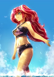 Size: 2893x4092 | Tagged: safe, artist:oberon826, imported from derpibooru, sunset shimmer, equestria girls, equestria girls series, beach shorts swimsuit, belly button, bikini, clothes, cloud, female, ocean, sky, sleeveless, solo, summer sunset, sunset shimmer's beach shorts swimsuit, swimsuit, water