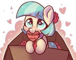 Size: 1280x1024 | Tagged: safe, artist:colorfulcolor233, artist:oofycolorful, imported from derpibooru, coco pommel, earth pony, pony, blushing, box, cocobetes, cute, female, happy birthday, heart, mare, mouth hold, pony in a box, simple background, solo, white background