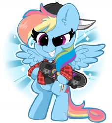 Size: 1681x1847 | Tagged: safe, artist:kittyrosie, imported from derpibooru, rainbow dash, pegasus, pony, backwards ballcap, backwards cutie mark, baseball cap, bipedal, blushing, cap, cute, dashabetes, ear fluff, female, flannel, hat, mare, skateboard, smiling, solo