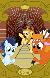 Size: 900x1400 | Tagged: safe, artist:sixes&sevens, imported from derpibooru, braeburn, little strongheart, soarin', buffalo, earth pony, pegasus, hammer, railroad, tarot card, three of coins, three of diamonds, tunnel, wheel