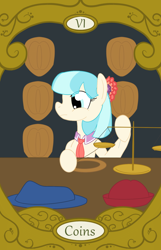 Size: 900x1400 | Tagged: safe, artist:sixes&sevens, imported from derpibooru, coco pommel, hat, scales, sewing, six of coins, six of diamonds, tarot card