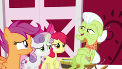 Size: 1920x1080 | Tagged: safe, imported from derpibooru, screencap, apple bloom, granny smith, scootaloo, sweetie belle, the big mac question, cutie mark, cutie mark crusaders, the cmc's cutie marks