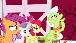 Size: 1920x1080 | Tagged: safe, imported from derpibooru, screencap, apple bloom, granny smith, scootaloo, sweetie belle, the big mac question, cutie mark, cutie mark crusaders, the cmc's cutie marks