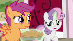 Size: 1920x1080 | Tagged: safe, imported from derpibooru, screencap, scootaloo, sweetie belle, pegasus, pony, unicorn, the big mac question, female, filly, food, levitation, magic, pie, telekinesis