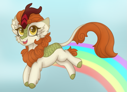 Size: 919x667 | Tagged: safe, artist:brendalobinha, imported from derpibooru, autumn blaze, kirin, sounds of silence, a kirin tale, female, leaping, mare, rainbow trail, sky, solo