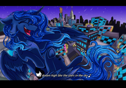 Size: 2200x1540 | Tagged: safe, artist:stainedglasslighthea, imported from derpibooru, princess luna, alicorn, pony, caption, city, cityscape, cute, ethereal mane, eyes closed, female, flying, frog (hoof), lunabetes, manehattan, mare, night, open mouth, singing, solo, starry mane, underhoof