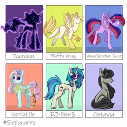 Size: 1024x1024 | Tagged: safe, artist:fraylinn, imported from derpibooru, dj pon-3, kerfuffle, octavia melody, tantabus, vinyl scratch, oc, oc:fluffy wings, oc:moonshadow, alicorn, earth pony, hippogriff, pegasus, pony, unicorn, six fanarts, alicorn oc, amputee, broken horn, clothes, female, headphones, heterochromia, hippogriff oc, horn, looking up, mare, prosthetic limb, prosthetics, sunglasses, two toned wings, wings