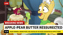 Size: 1280x720 | Tagged: safe, edit, edited screencap, imported from derpibooru, screencap, grand pear, earth pony, pony, the big mac question, apple, break your own news, breaking news, cake, cupcake, food, male, misspelling, solo, stallion