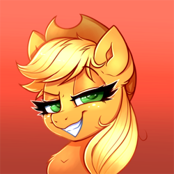 Size: 2000x2000 | Tagged: safe, artist:confetticakez, imported from derpibooru, applejack, earth pony, pony, applejack's hat, bust, cowboy hat, eyebrows, eyebrows visible through hair, female, freckles, gradient background, grin, hat, high res, mare, portrait, shit eating grin, smiling, smug, solo