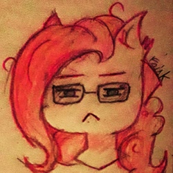 Size: 1080x1080 | Tagged: safe, artist:friskou_chan, imported from derpibooru, pinkie pie, earth pony, pony, bust, female, frown, glasses, mare, signature, solo, traditional art