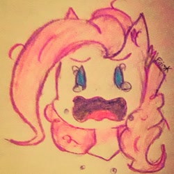Size: 765x765 | Tagged: safe, artist:friskou_chan, imported from derpibooru, pinkie pie, earth pony, pony, bust, crying, female, mare, open mouth, signature, solo, traditional art