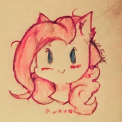 Size: 1080x1080 | Tagged: safe, artist:friskou_chan, imported from derpibooru, pinkie pie, earth pony, pony, blushing, bust, female, mare, signature, smiling, solo, traditional art