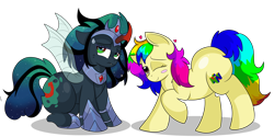 Size: 8800x4400 | Tagged: safe, artist:rainbowtashie, imported from derpibooru, king sombra, nightmare moon, princess luna, queen chrysalis, oc, oc:empress sacer malum, oc:rainbow tashie, alicorn, changeling, changeling queen, earth pony, hybrid, pony, unicorn, alicorn oc, armor, bugbutt, butt, changeling oc, commissioner:bigonionbean, crown, curved horn, cutie mark, embarrassed, extra thicc, female, flank, fusion, fusion:empress sacer malum, fusion:king sombra, fusion:nightmare moon, fusion:queen chrysalis, horn, jewelry, mare, moonbutt, nintendo 64, not an alicorn, parent:king sombra, parent:nightmare moon, parent:princess luna, parent:queen chrysalis, plot, queen umbra, regalia, rule 63, simple background, teasing, transparent background, wings, writer:bigonionbean