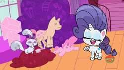 Size: 1920x1080 | Tagged: safe, imported from derpibooru, screencap, opalescence, rarity, cat, pony, unicorn, my little pony: pony life, the debut taunt, spoiler:pony life s01e41, brush, button eyes, clothes, doll, dummy, eyes closed, fabric, female, g4.5, gem, horseshoes, mannequin, mare, plushie, scarf, toy, x eyes