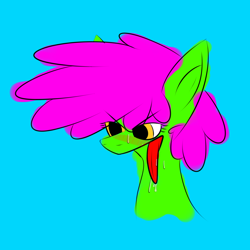 Size: 2560x2560 | Tagged: safe, imported from derpibooru, oc, oc only, earth pony, pony, blue background, blushing, drool, female, nightmare fuel, simple background, solo, solo female, sweat, tongue out