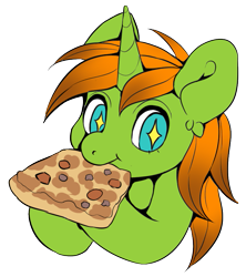 Size: 749x845 | Tagged: safe, artist:pony straponi, artist:st. oni, imported from derpibooru, oc, oc only, oc:arc pyre, pony, unicorn, bust, eating, food, pizza, simple background, solo, starry eyes, transparent background, wingding eyes