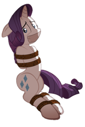 Size: 501x745 | Tagged: safe, artist:radiantrealm, edit, imported from derpibooru, rarity, pony, unicorn, background removed, bondage, bound and gagged, female, floppy ears, gag, looking at you, mare, rope, rope bondage, shrunken pupils, simple background, solo, tape, tape gag, tied up, transparent background