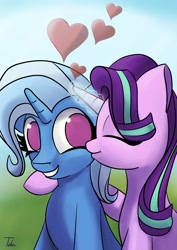 Size: 2897x4096 | Tagged: safe, artist:tubadraws, imported from derpibooru, starlight glimmer, trixie, pony, unicorn, cheek kiss, female, glowing horn, heart, horn, kiss on the cheek, kissing, lesbian, no pupils, shipping, smooch, startrix