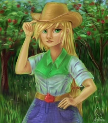 Size: 1890x2160 | Tagged: safe, alternate version, artist:x__kulich__x, imported from derpibooru, applejack, equestria girls, apple, apple tree, clothes, female, food, hand on hip, hat, outdoors, signature, solo, tree