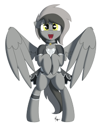 Size: 1300x1600 | Tagged: safe, artist:ponynamedmixtape, imported from derpibooru, oc, oc only, oc:graeyscale, oc:greyscale, pegasus, pony, bell, bipedal, cat bell, choker, clothes, collar, featureless crotch, female, looking at you, maid, mare, presenting, simple background, skirt, skirt lift, solo, transparent background