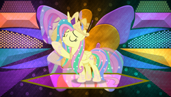 Size: 3840x2160 | Tagged: safe, artist:anime-equestria, artist:laszlvfx, edit, imported from derpibooru, fluttershy, pony, cosplay, costume, female, shylestia, solo, wallpaper, wallpaper edit