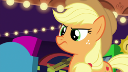 Size: 1280x720 | Tagged: safe, imported from derpibooru, screencap, applejack, earth pony, pony, viva las pegasus, disapproval, female, mare, snorting, solo