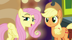 Size: 1280x720 | Tagged: safe, imported from derpibooru, screencap, applejack, fluttershy, earth pony, pegasus, pony, viva las pegasus, duo, female, mare, pointing