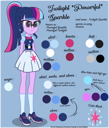 Size: 3000x3500 | Tagged: safe, artist:aryatheeditor, imported from derpibooru, sci-twi, twilight sparkle, equestria girls, beautiful, bowtie, clothes, cutie mark, cutie mark on clothes, design, digital art, female, geode of telekinesis, glasses, headcanon, heterochromia, jewelry, magical geodes, nerd, outfit, pendant, powerful sparkle, reference sheet, sheet, shirt design, shoes, skirt, sneakers, socks, solo, stand, standing