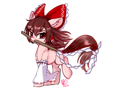 Size: 3541x2508 | Tagged: safe, artist:inaba_hitomi, imported from derpibooru, earth pony, pony, bow, crossover, detached sleeves, dock, female, gohei, hair bow, hakurei reimu, looking at you, mare, mouth hold, ponified, raised leg, simple background, solo, touhou, white background